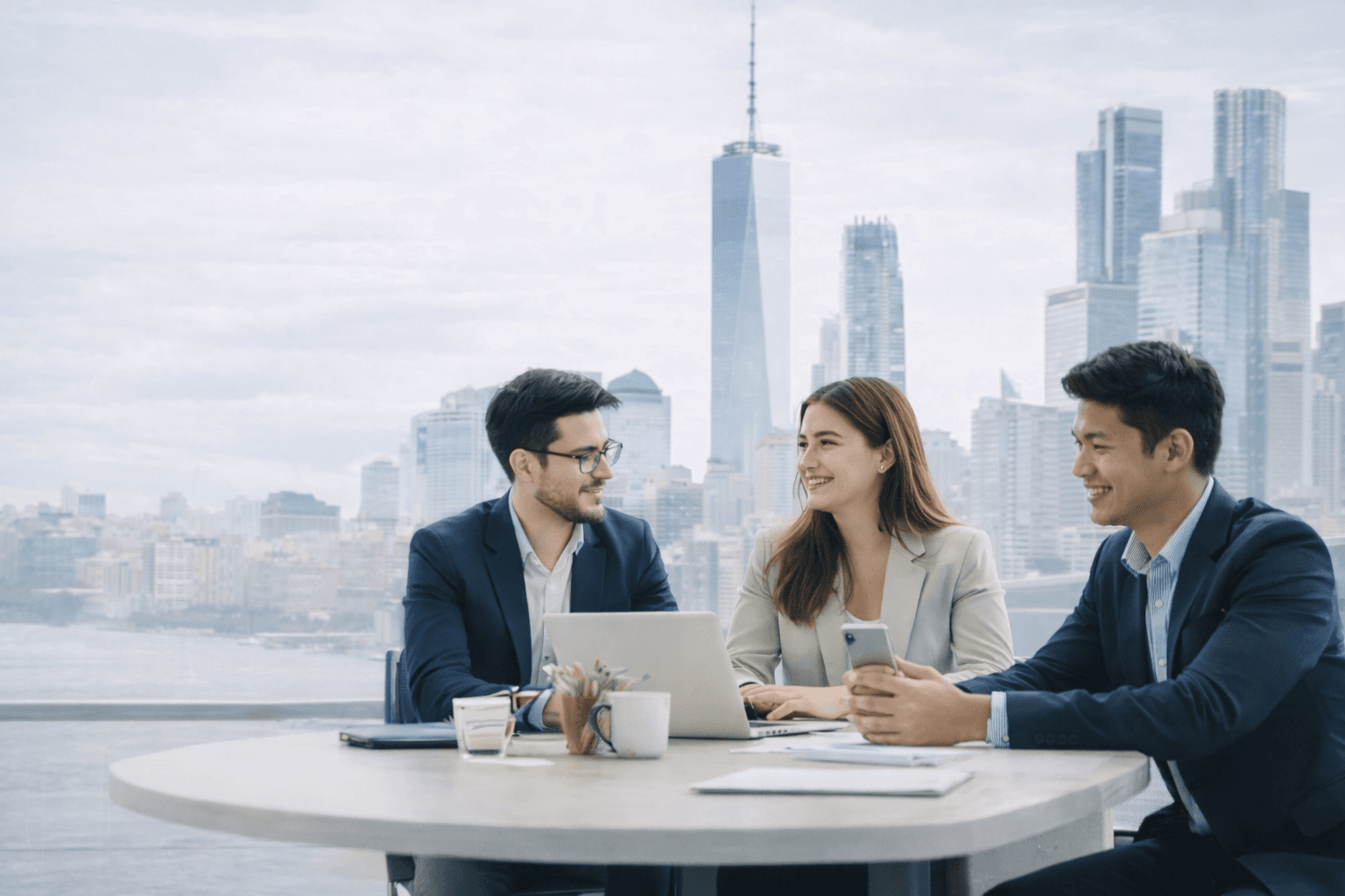 Professional team meeting in a modern office overlooking a city skyline